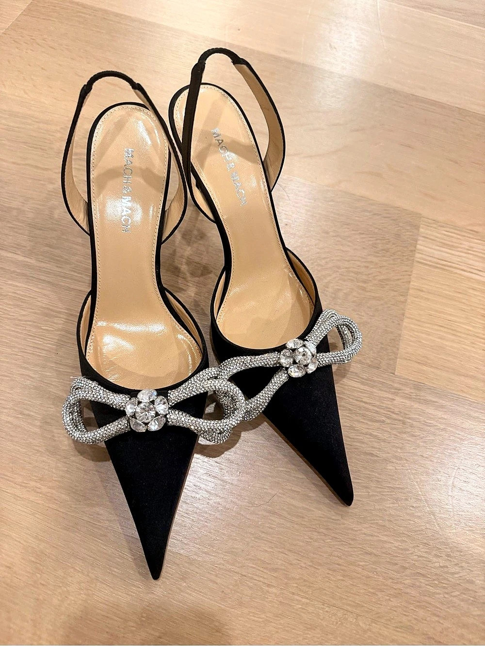Mach & Mach Le Cadeau Embellished Satin Slingback Pumps Black & Silver EU 37.5
